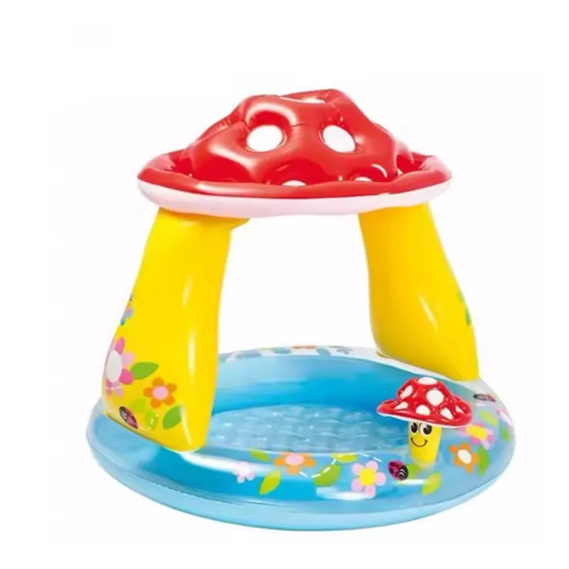 Intex Baby Mushroom Pool shown at an angle with the shade canopy and small mushroom water character