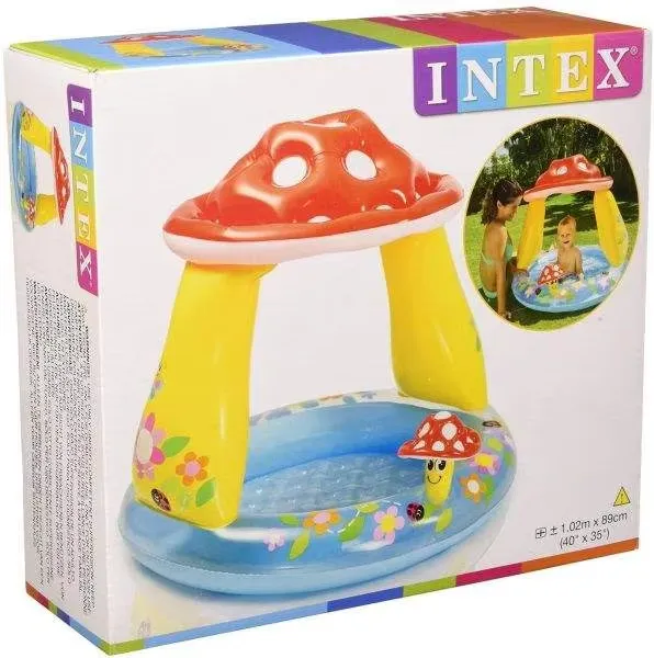 Intex Baby Mushroom Pool shown in its retail Intex box with the shaded mushroom pool design on the front