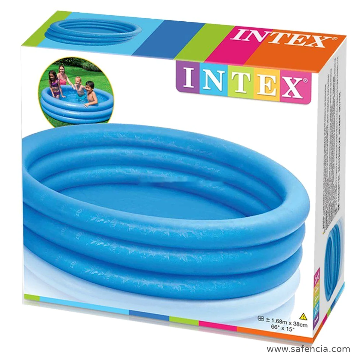 Intex Crystal Blue Pool retail box packaging with product photo and size details