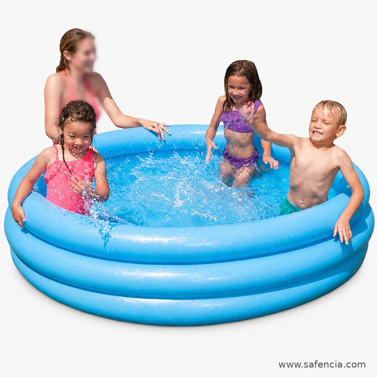 Children splashing and cooling off inside the Intex Crystal Blue round pool at home