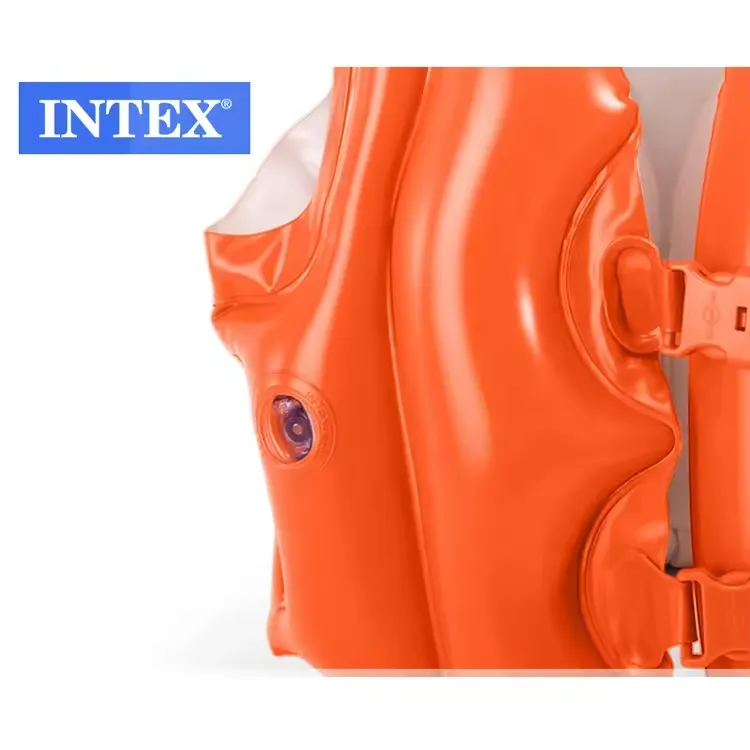 Inflation valve and chamber detail on the orange Intex Deluxe Swim Vest