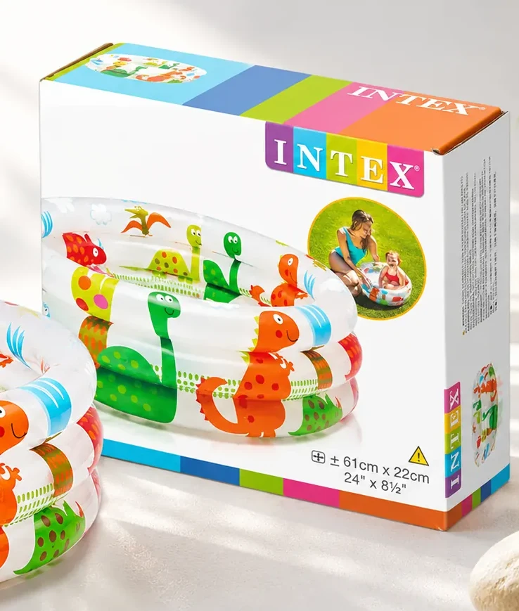 Intex 57106 dinosaur baby pool retail box close-up with size markings printed