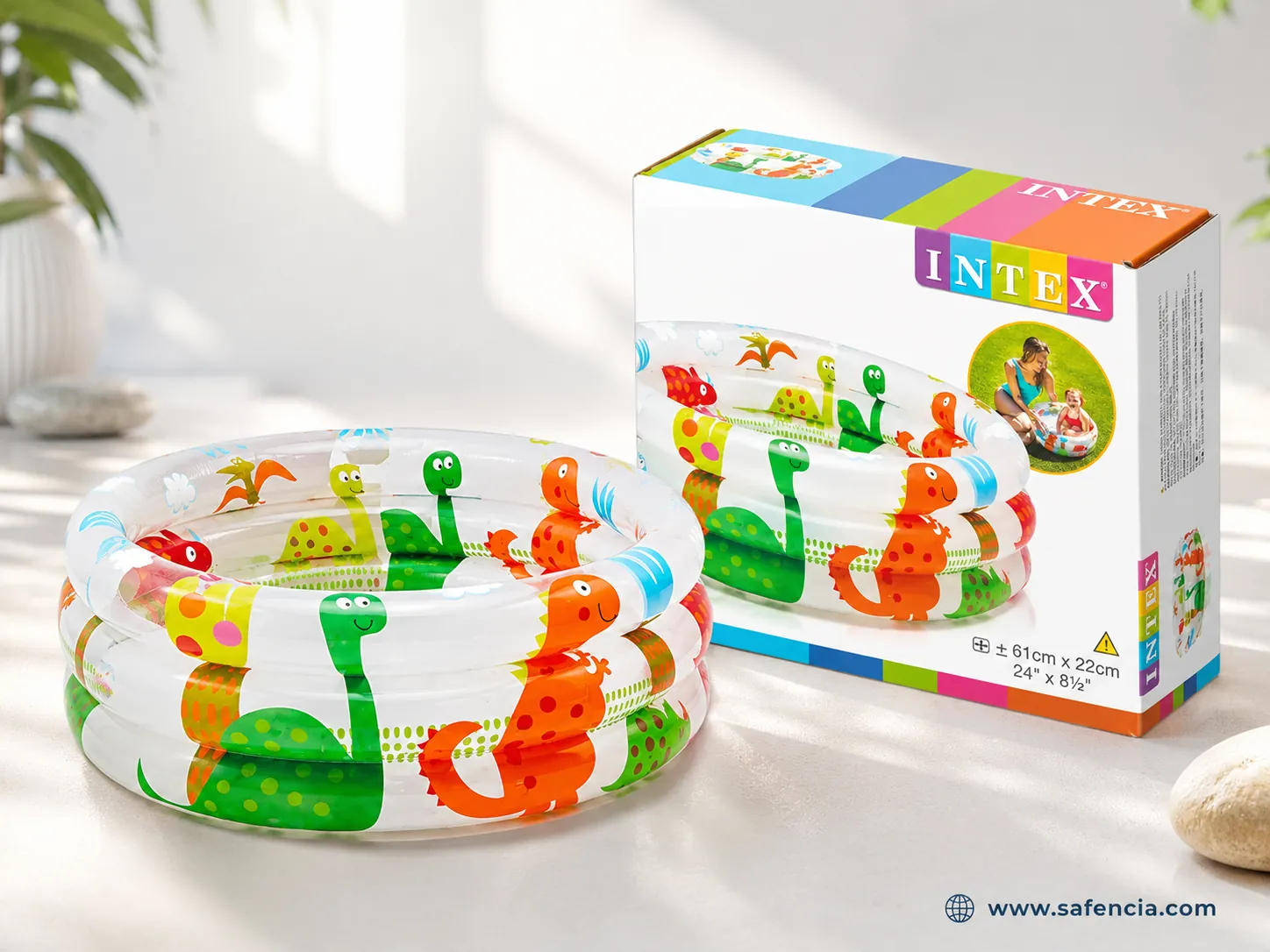 Intex dinosaur baby pool with its retail box showing the 61cm x 22cm size