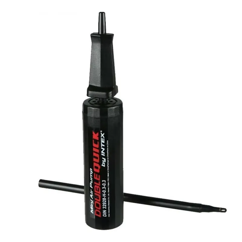 Upright Intex Double Quick Mini Hand Pump 69613 with hose beside the body