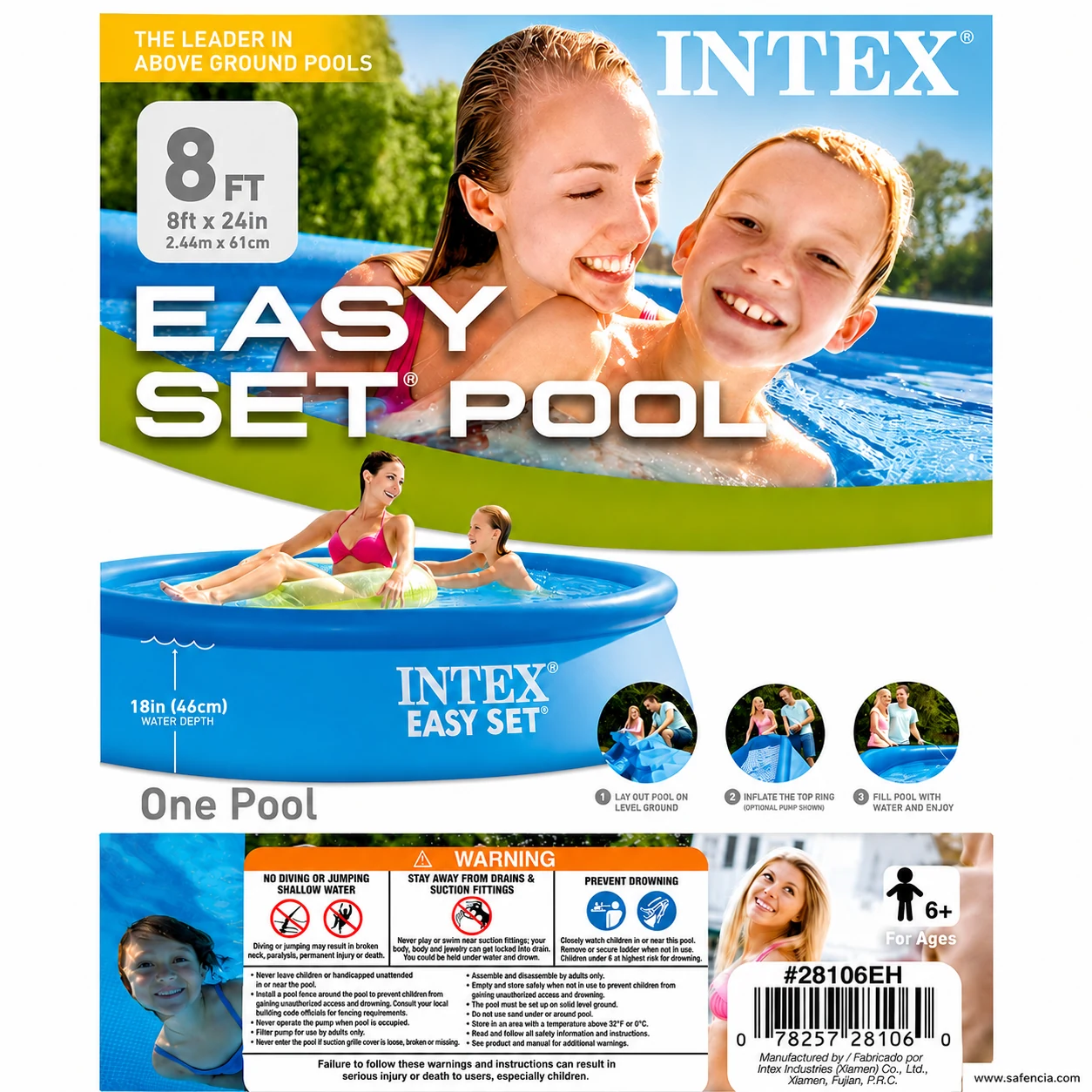 Intex Easy Set Pool 8 ft x 24 in retail box showing size, 18 inch depth and ages 6 plus