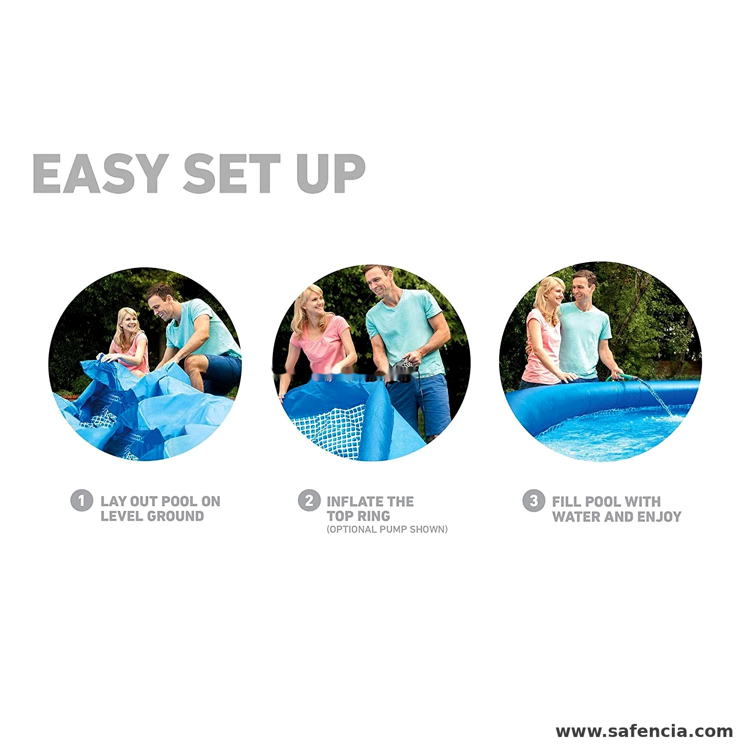 Intex Easy Set Pool setup steps: lay out on level ground, inflate top ring, fill with water