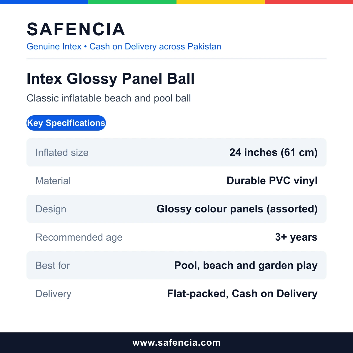 Intex Glossy Panel Ball specifications card listing inflated size, material, age and use