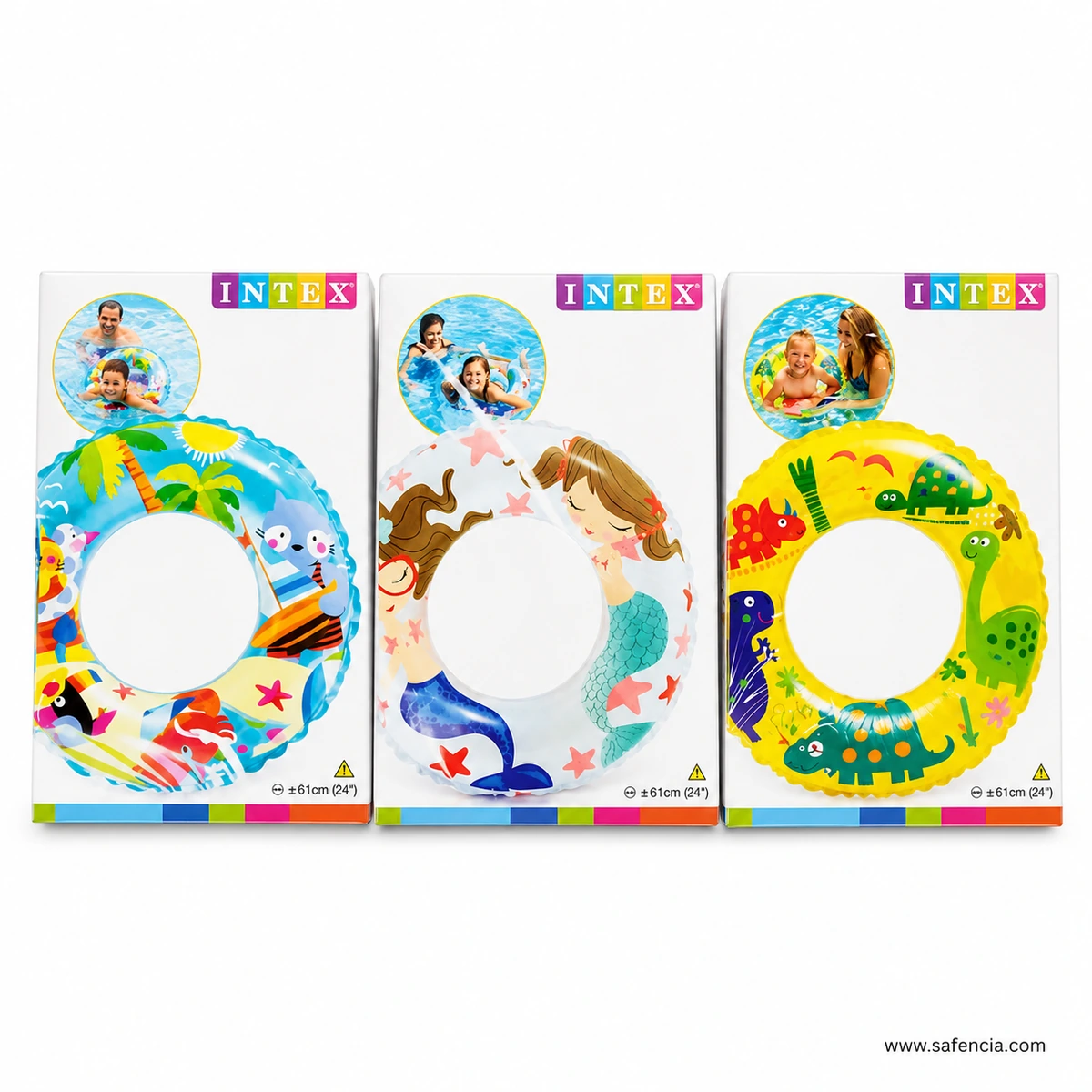 Intex 59242 Cartoon Swim Ring retail displays showing three assorted designs