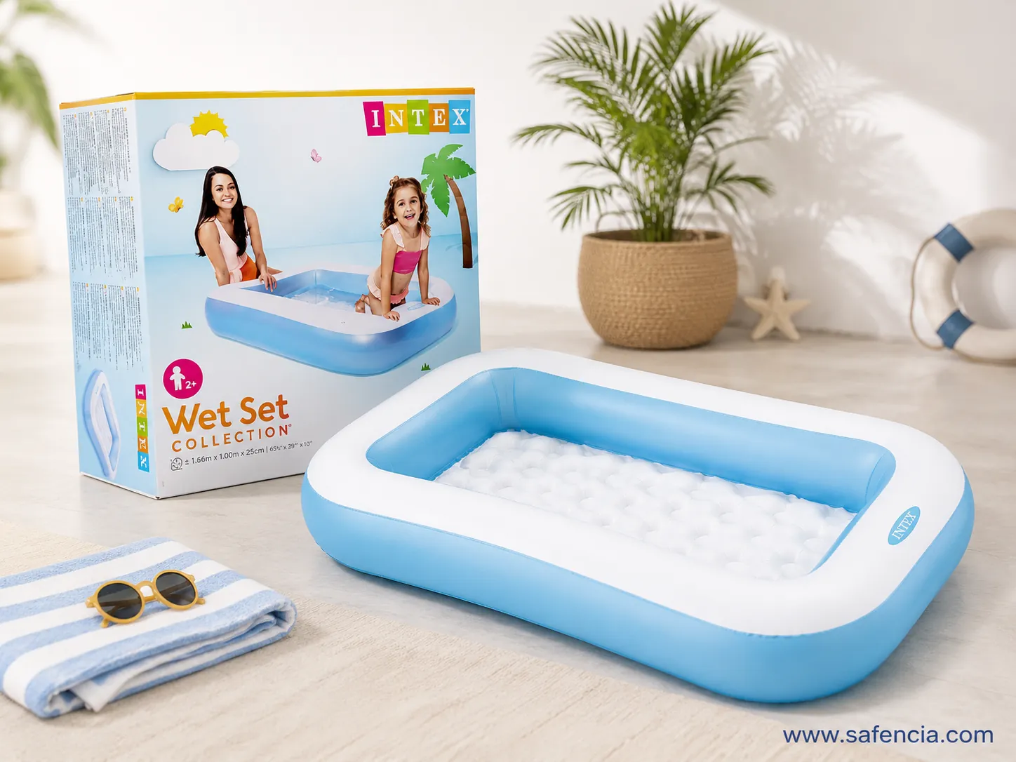Intex rectangular pool with Wet Set retail box showing 1.66m size and 2+ age grade