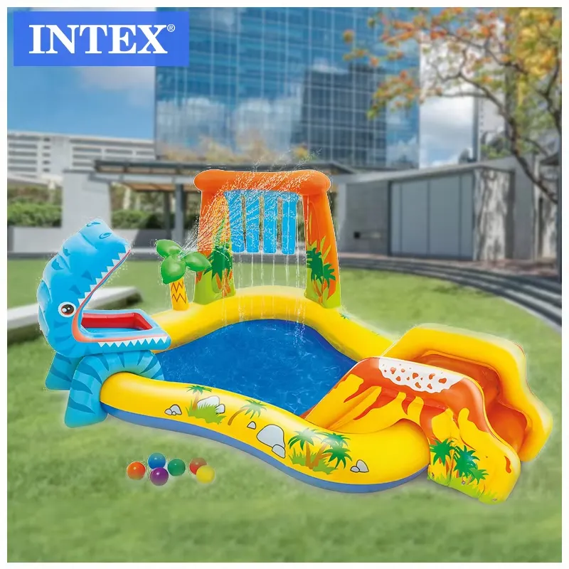 Intex Little Dino dinosaur play centre set up outdoors with the ball set beside the yellow pool