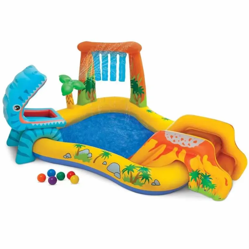 Intex Little Dino play centre shown with the dinosaur head, waterfall arch, slide and central pool