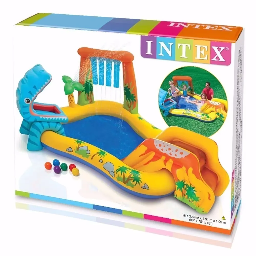 Intex Little Dino play centre retail box showing the 98 by 75 by 43 inch dinosaur pool and ball set