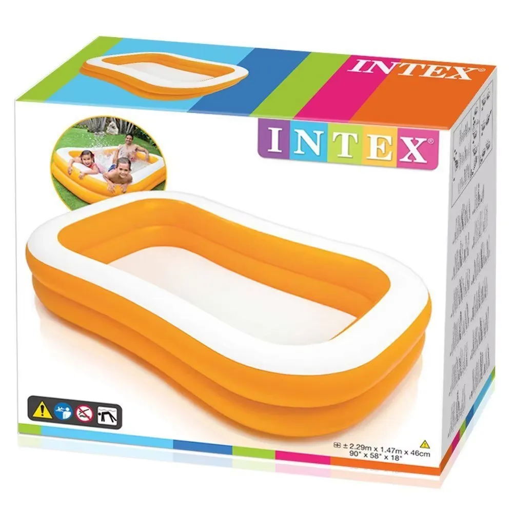 Intex Mandarin Swim Center Pool retail box showing the 90 by 58 by 18 inch orange family pool