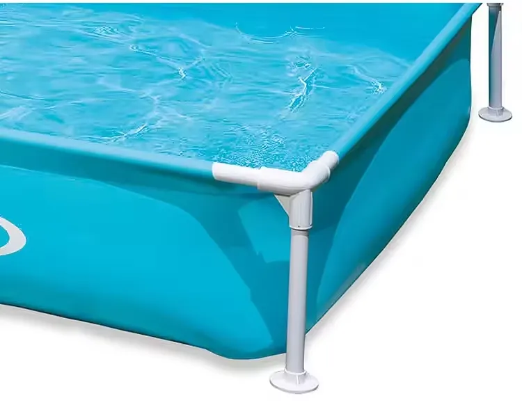 Close-up of the Intex Mini Frame Pool corner joint and white metal support leg with a foot