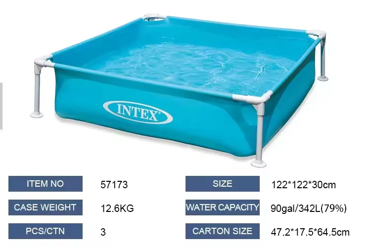 Intex Mini Frame Pool specification image showing 122 by 122 by 30 cm size and 342 litre capacity