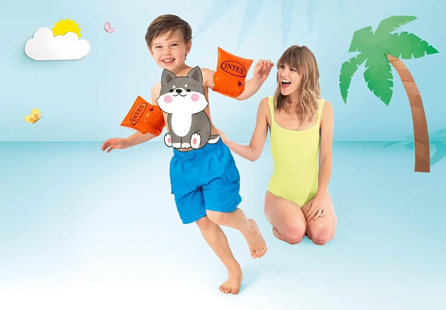 Child wearing orange Intex Deluxe Arm Bands 59642 beside a supervising adult