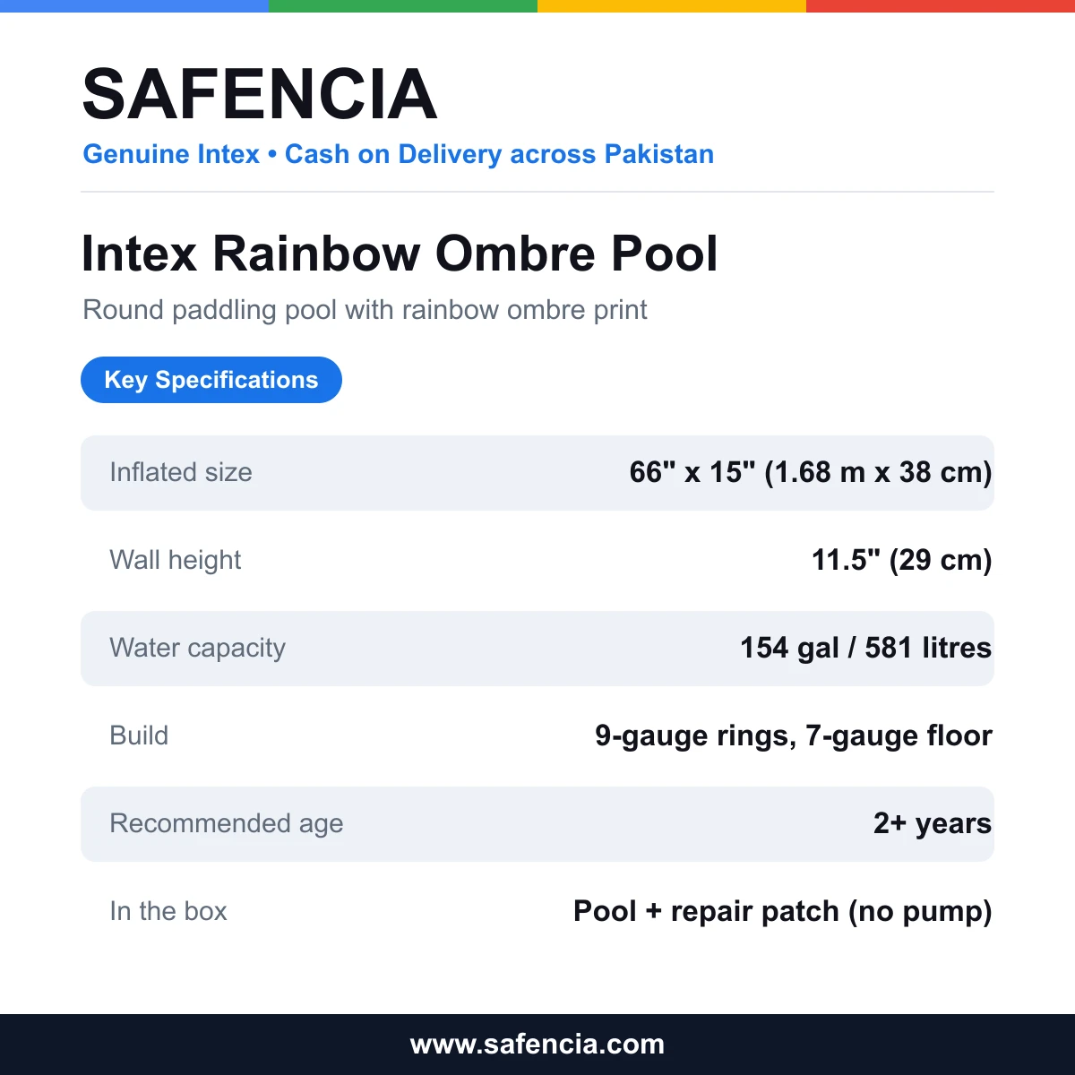 Intex Rainbow Ombre Pool specifications card listing size, water capacity, build and recommended age