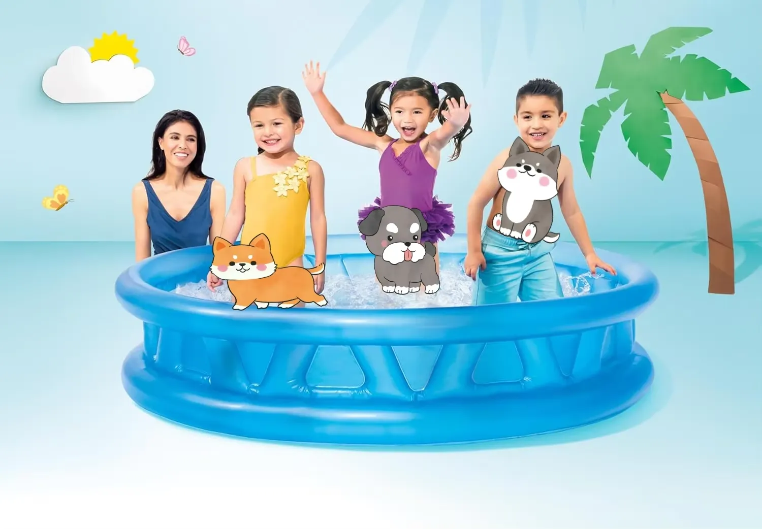 Intex Soft Side Pool shown with children playing and cartoon water animals inside the blue pool
