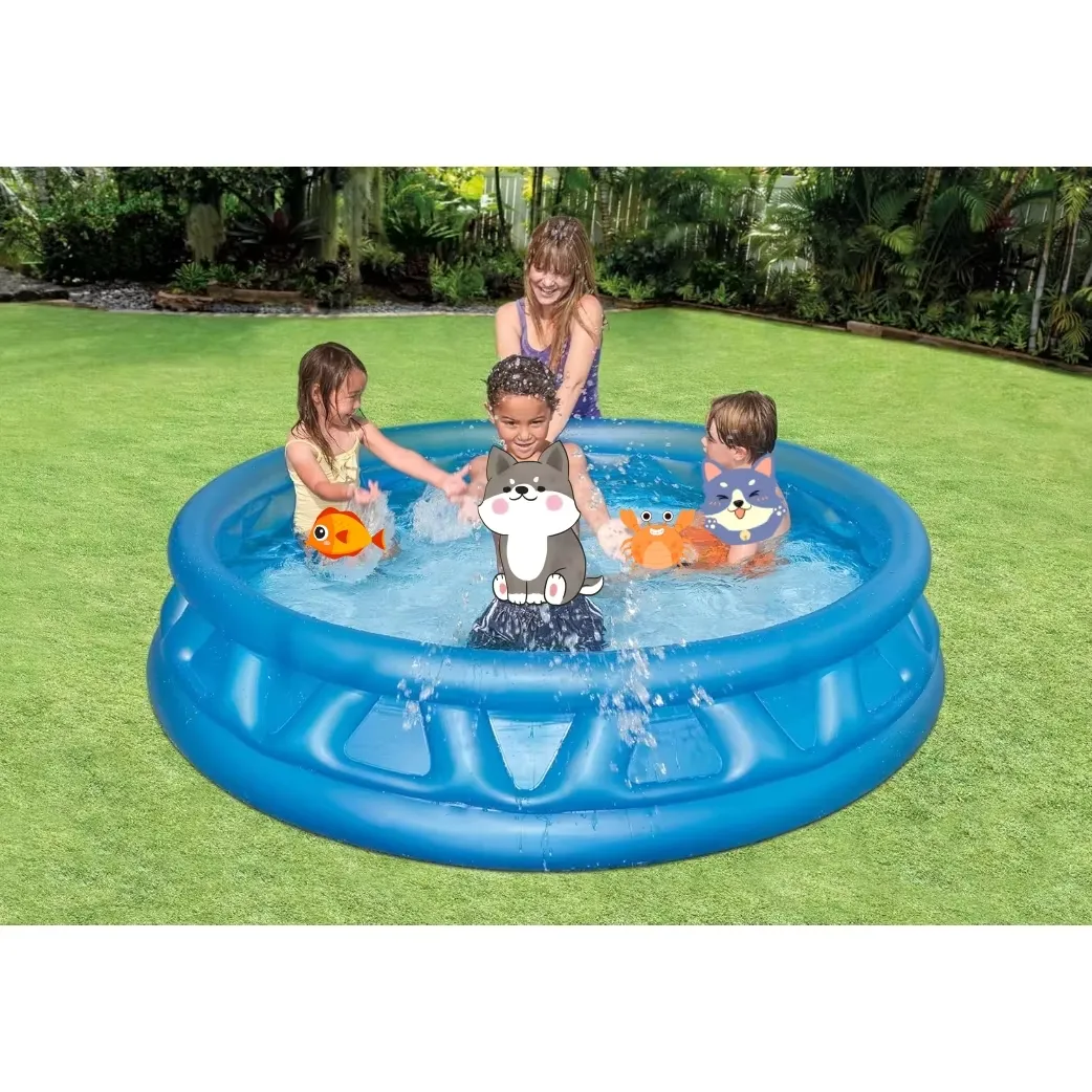 Intex Soft Side Pool set up on a lawn with four children and an adult splashing inside it