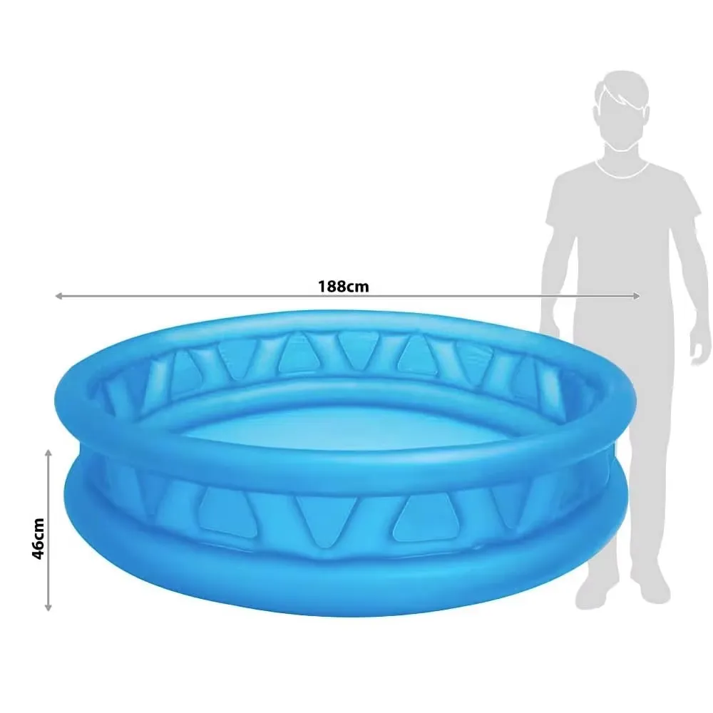 Intex Soft Side Pool size diagram showing 188 cm width and 46 cm height beside an adult figure
