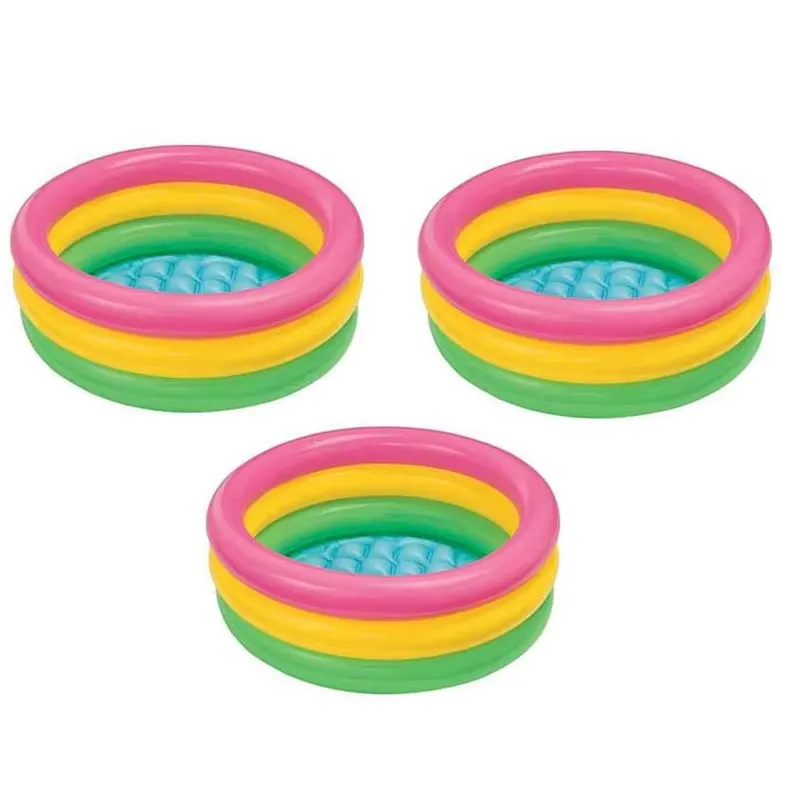 Three Intex Sunset Glow Baby Pool 2.5 ft views showing the colourful ring design