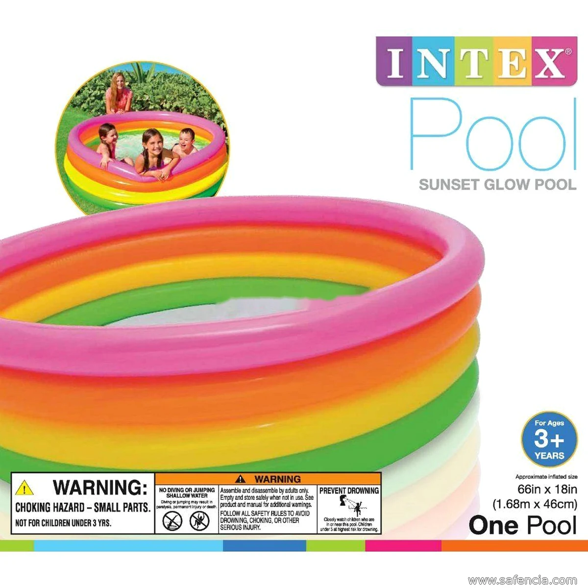 Intex Sunset Glow Pool retail box packaging with product photo and size details