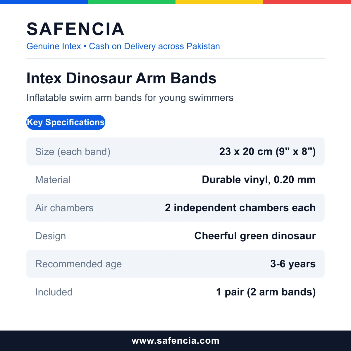 Intex Dinosaur Swim Arm Bands specifications card listing size, chambers, material and age