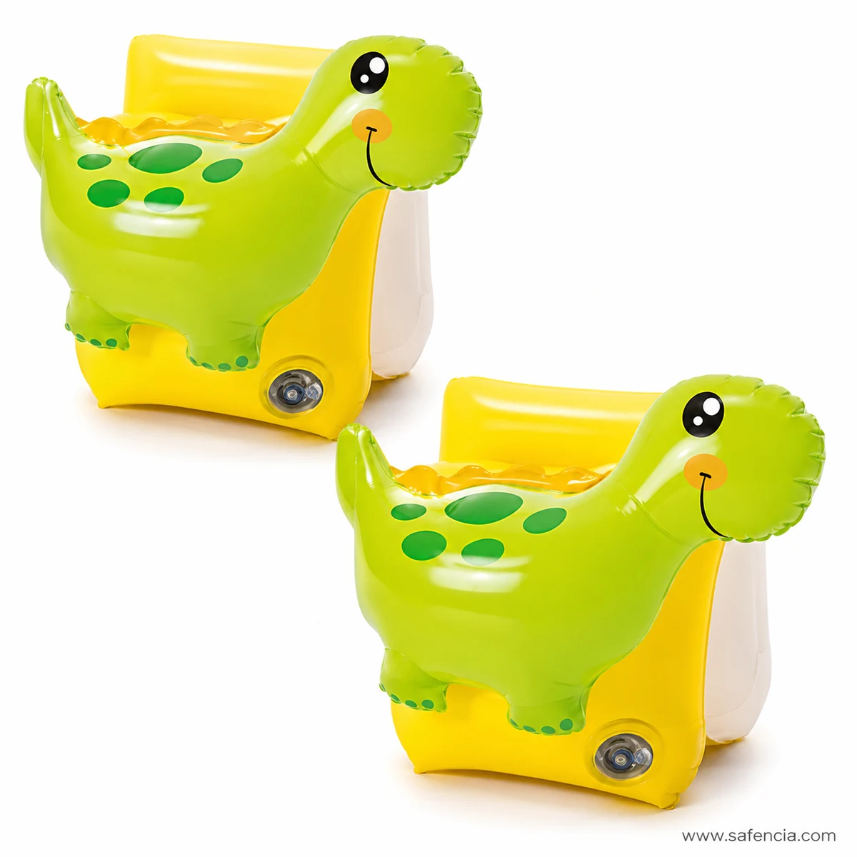 Close-up pair of green Intex Dinosaur Swim Arm Bands showing the inflation valves and design