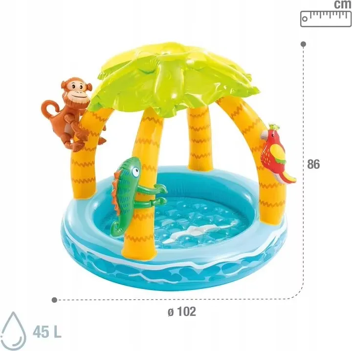 Intex Tropical Island Baby Pool size diagram showing 102 cm diameter, 86 cm height and 45 litres