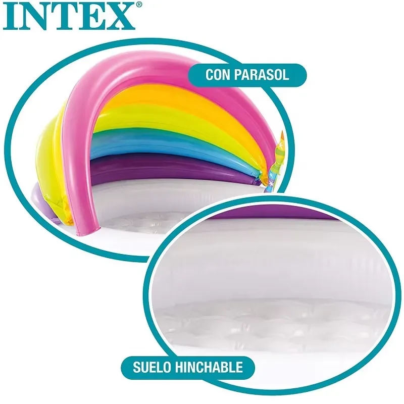 Intex Unicorn Baby Pool detail showing the rainbow parasol canopy and the soft inflatable pool floor