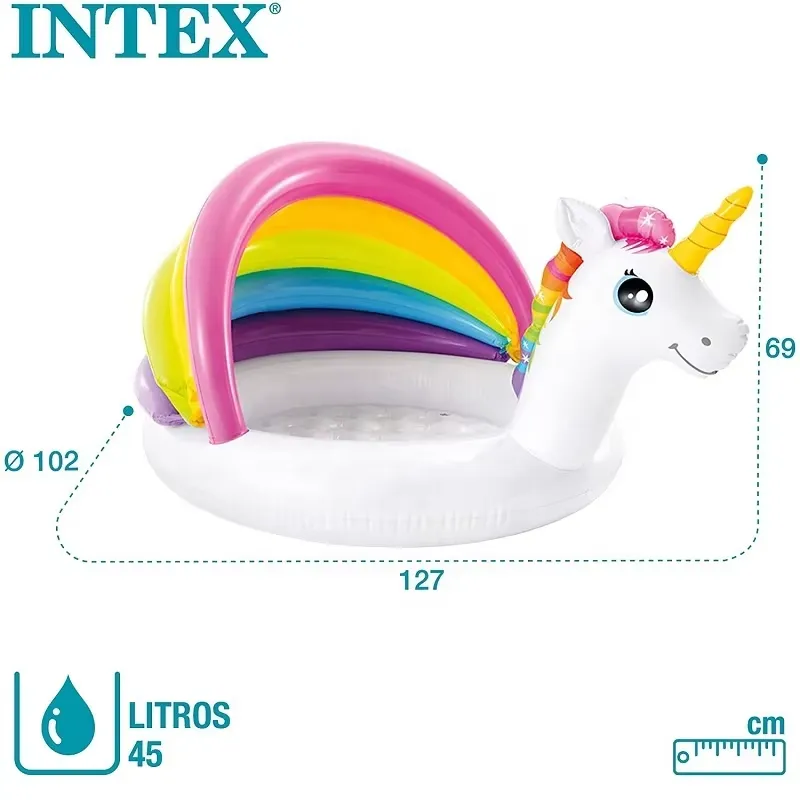 Intex Unicorn Baby Pool measurement diagram showing 127 by 102 by 69 cm size and 45 litre capacity