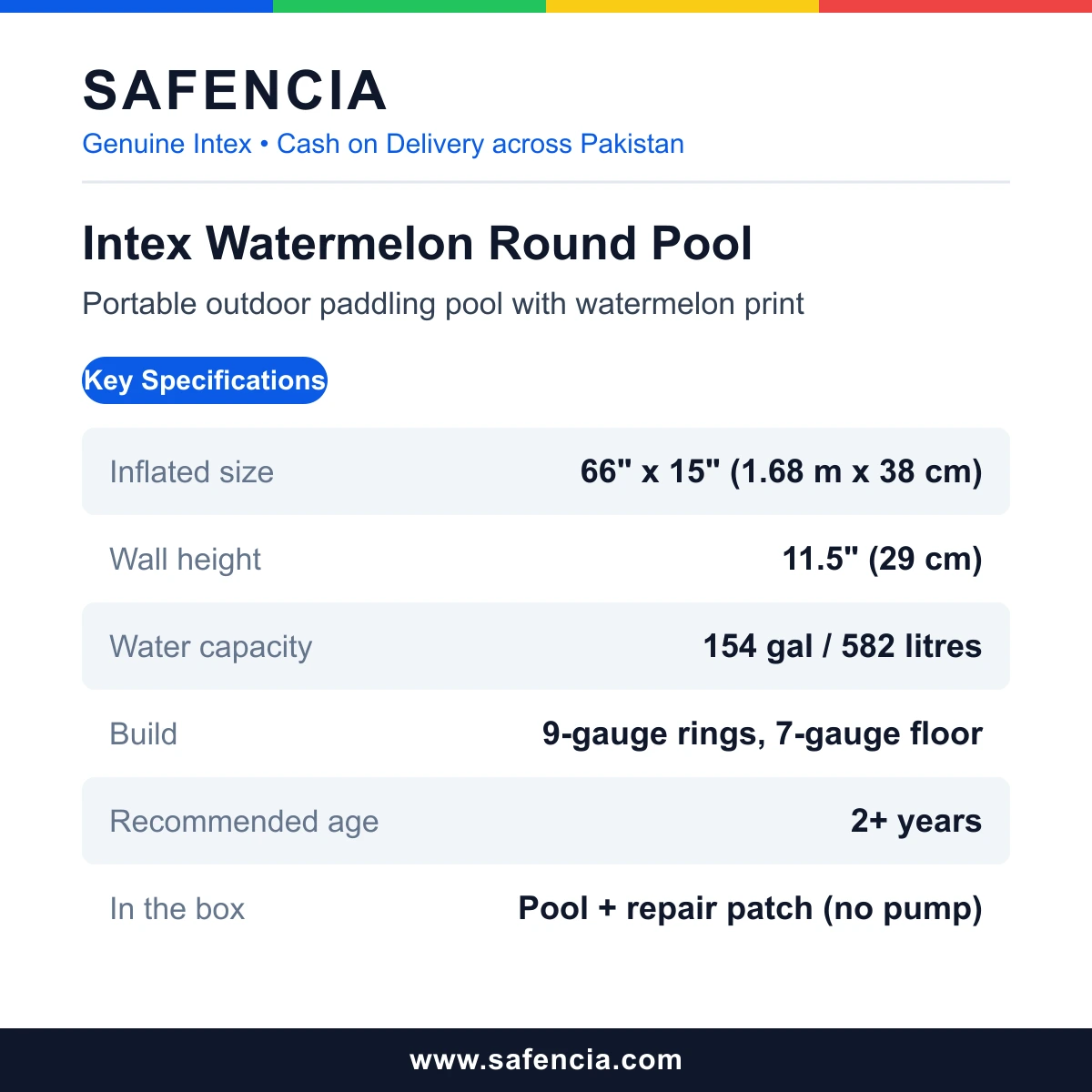 Intex Watermelon Pool specifications card listing size, water capacity, build and age