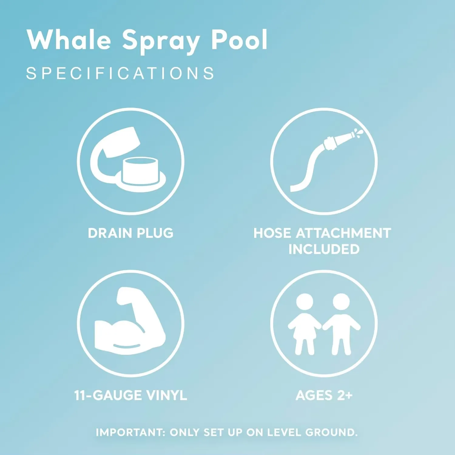 Intex Whale Spray Pool specifications showing drain plug, hose attachment, 11-gauge vinyl and ages 2 plus