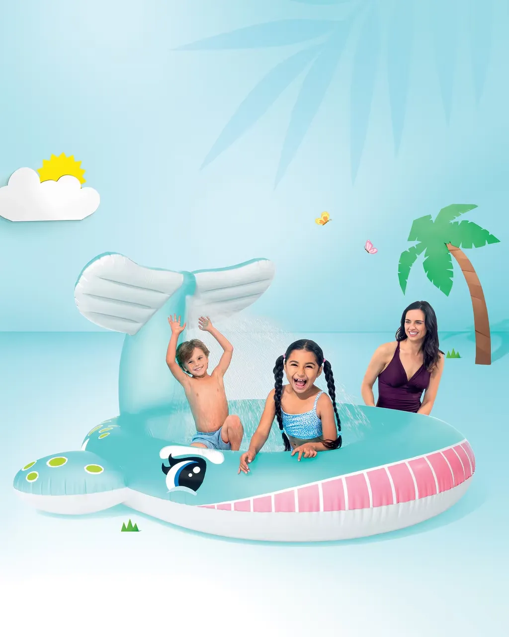 Intex Whale Spray Pool with two children playing under the water spray from the whale's tail