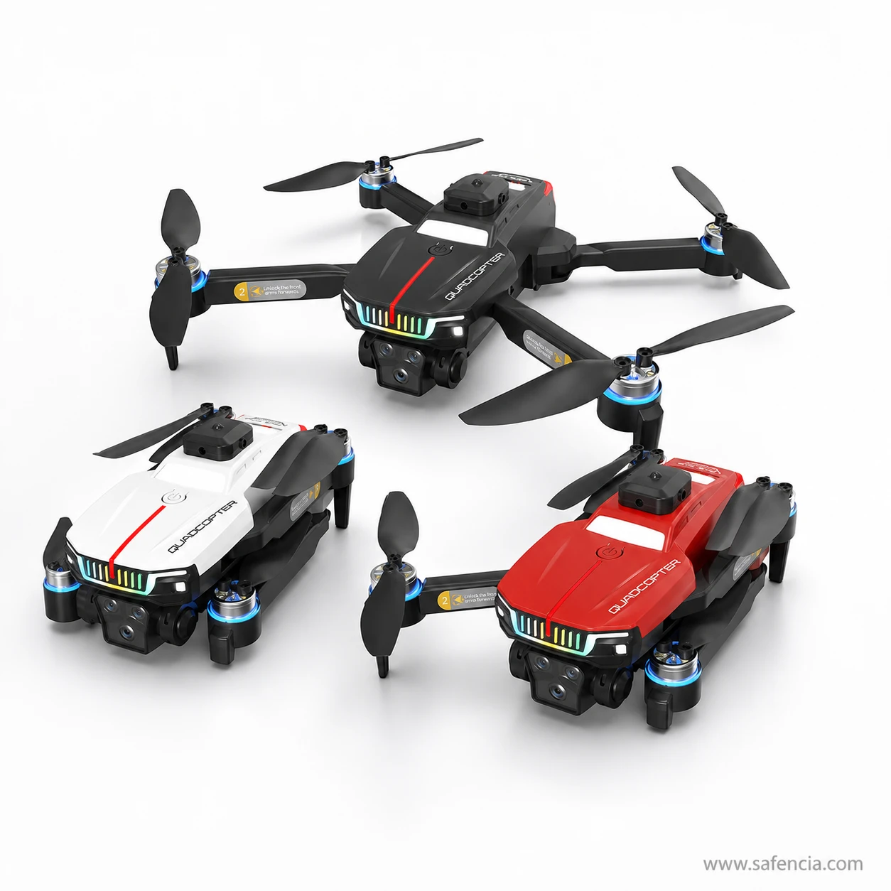 J6 Pro professional camera drone available in three colour options: metallic red, matte black, and glossy white