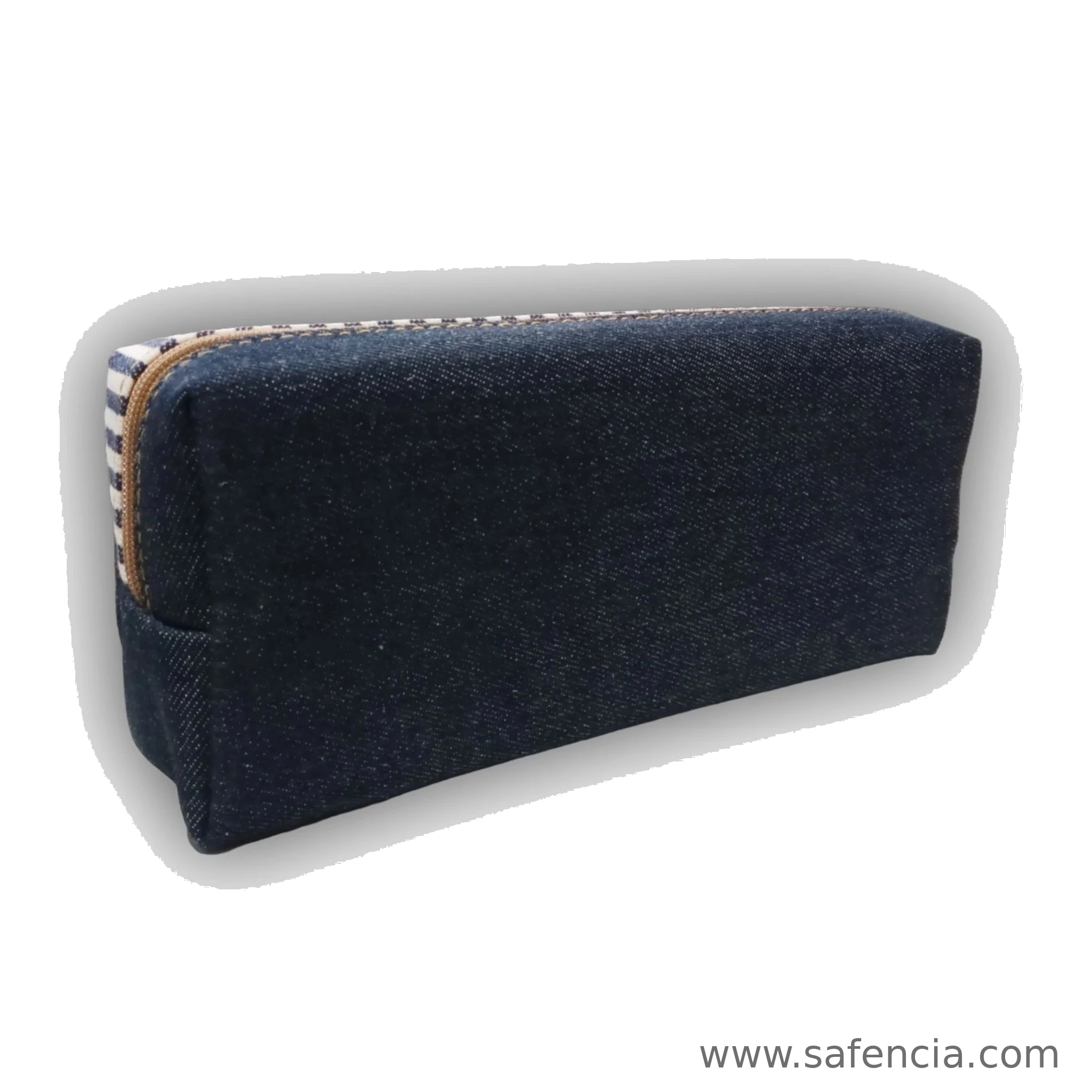 Denim pencil pouch side view showing its depth and striped lining