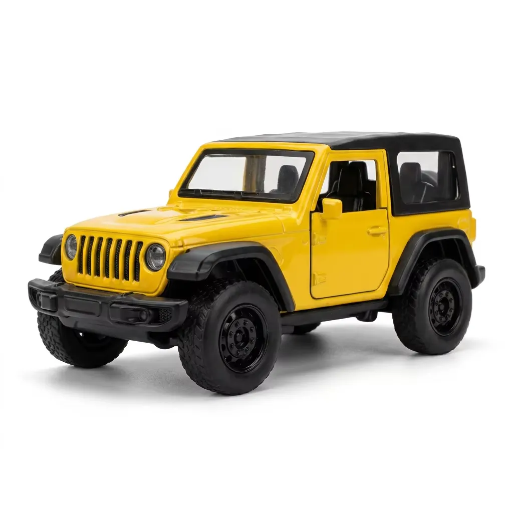 Yellow Jeep Wrangler Rubicon diecast model front view close-up of grille and headlamps