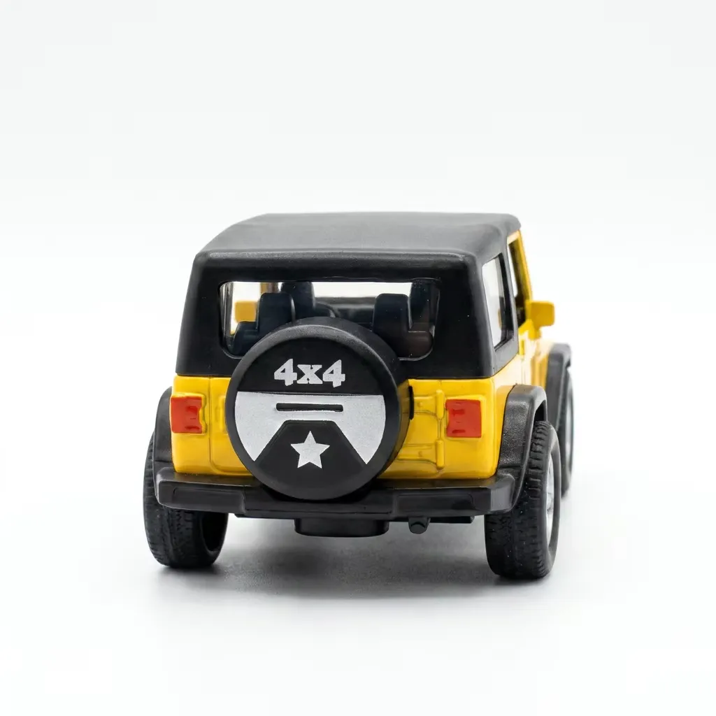 Yellow Jeep Wrangler Rubicon diecast model rear view with 4x4 star spare wheel cover