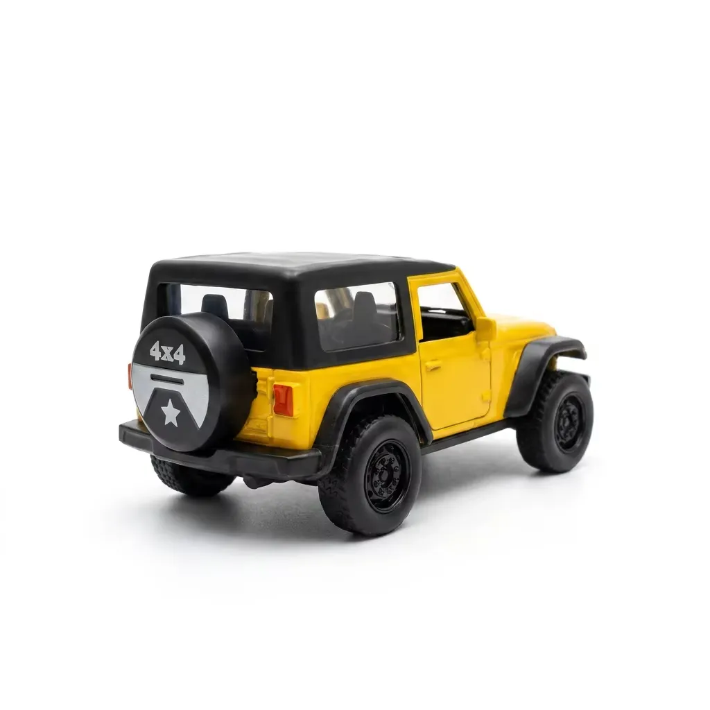 Yellow Jeep Wrangler Rubicon diecast model rear three-quarter view with tailgate spare wheel