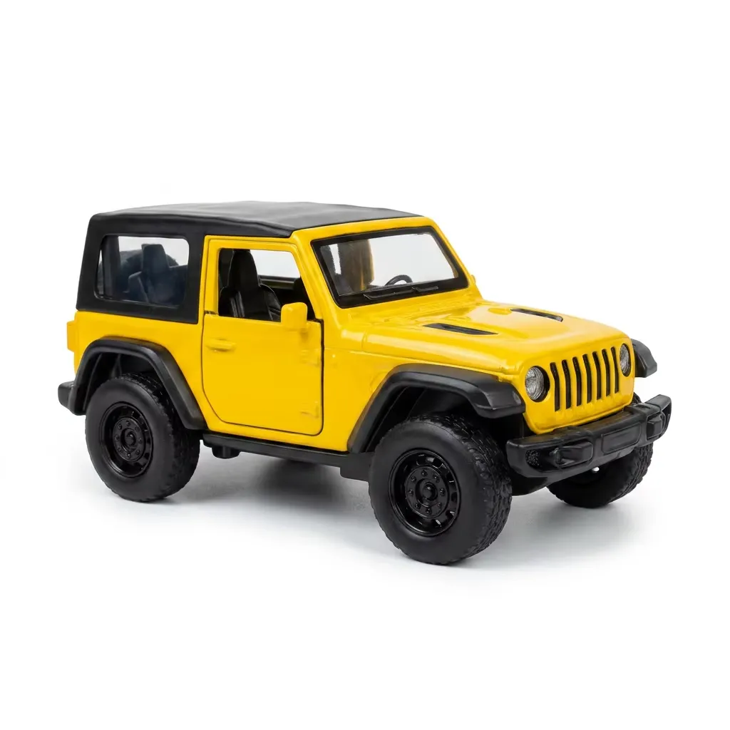 Yellow Jeep Wrangler Rubicon diecast model car side three-quarter view with black roof