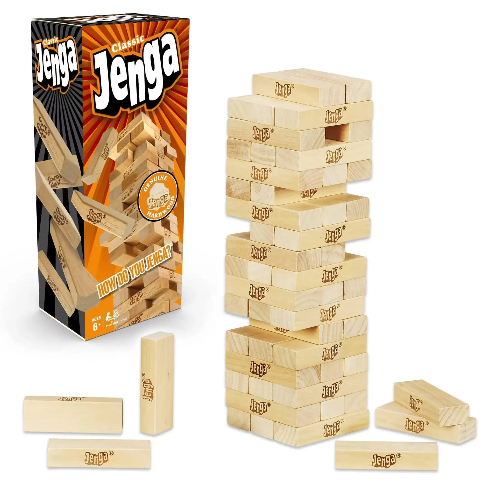 Jenga Wooden Stacking Tower Board Game – Classic Family Block Game (Medium & Large)