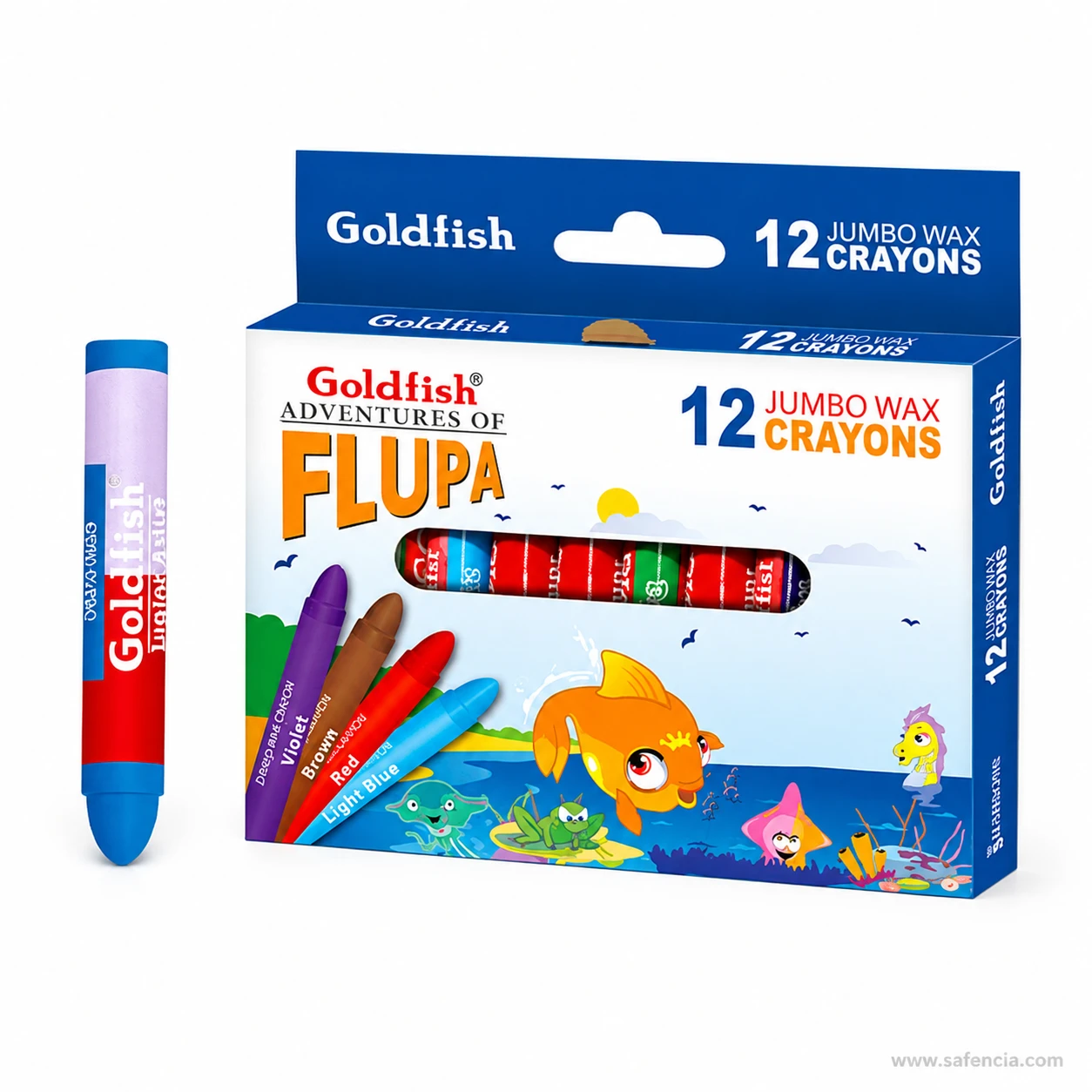 Goldfish crayon box showing the window and the Adventures of Flupa artwork