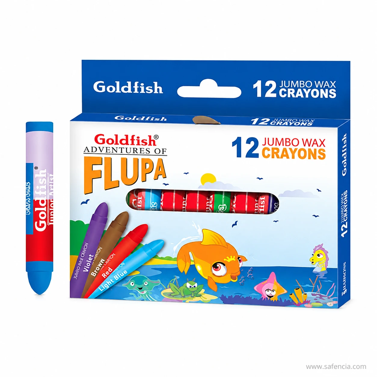 Single Goldfish jumbo wax crayon shown at an angle beside the box