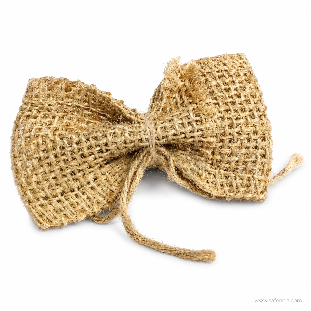 Jute bow at an angle showing the open hessian weave and frayed edges