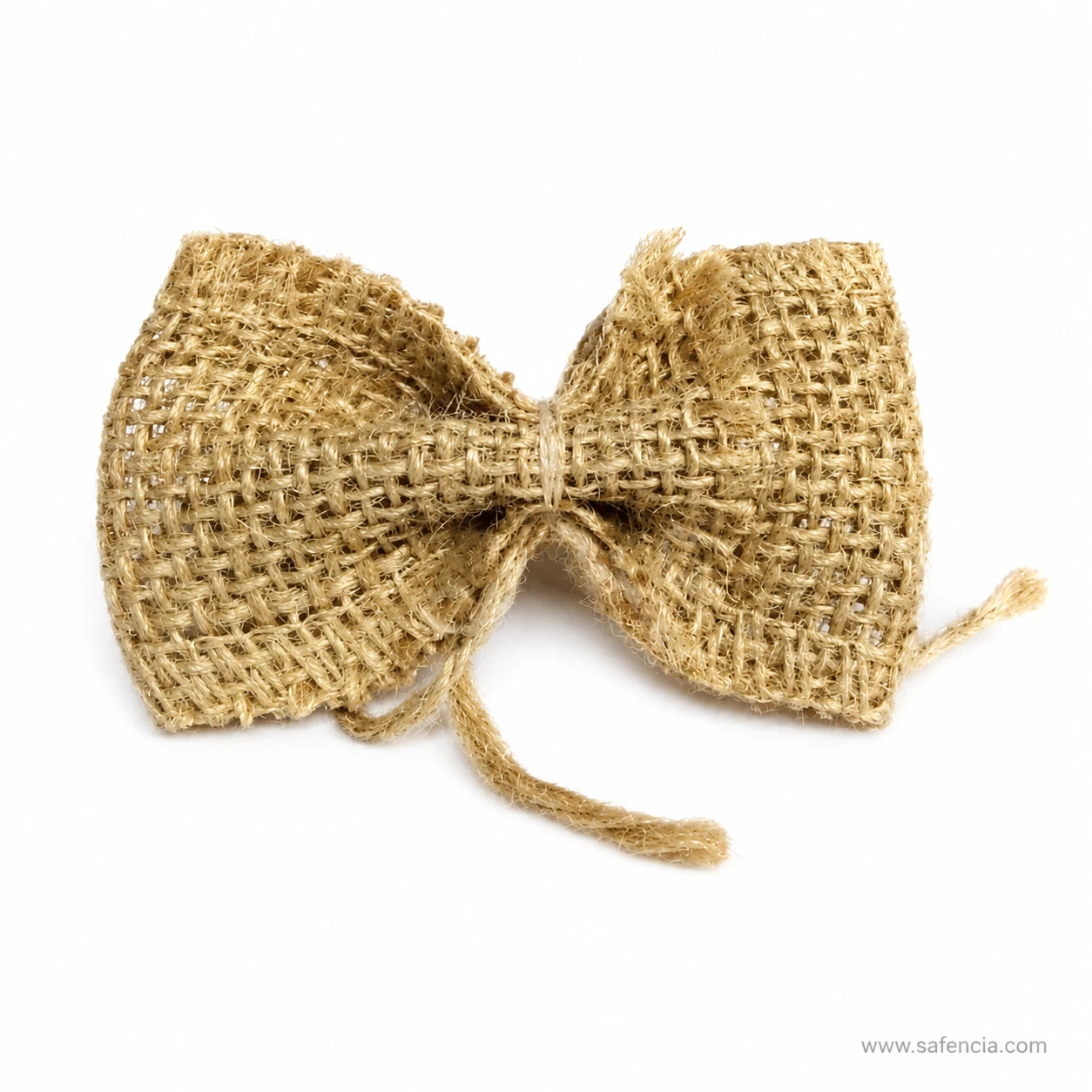 Close view of the jute bow showing the twine tails used for tying it on