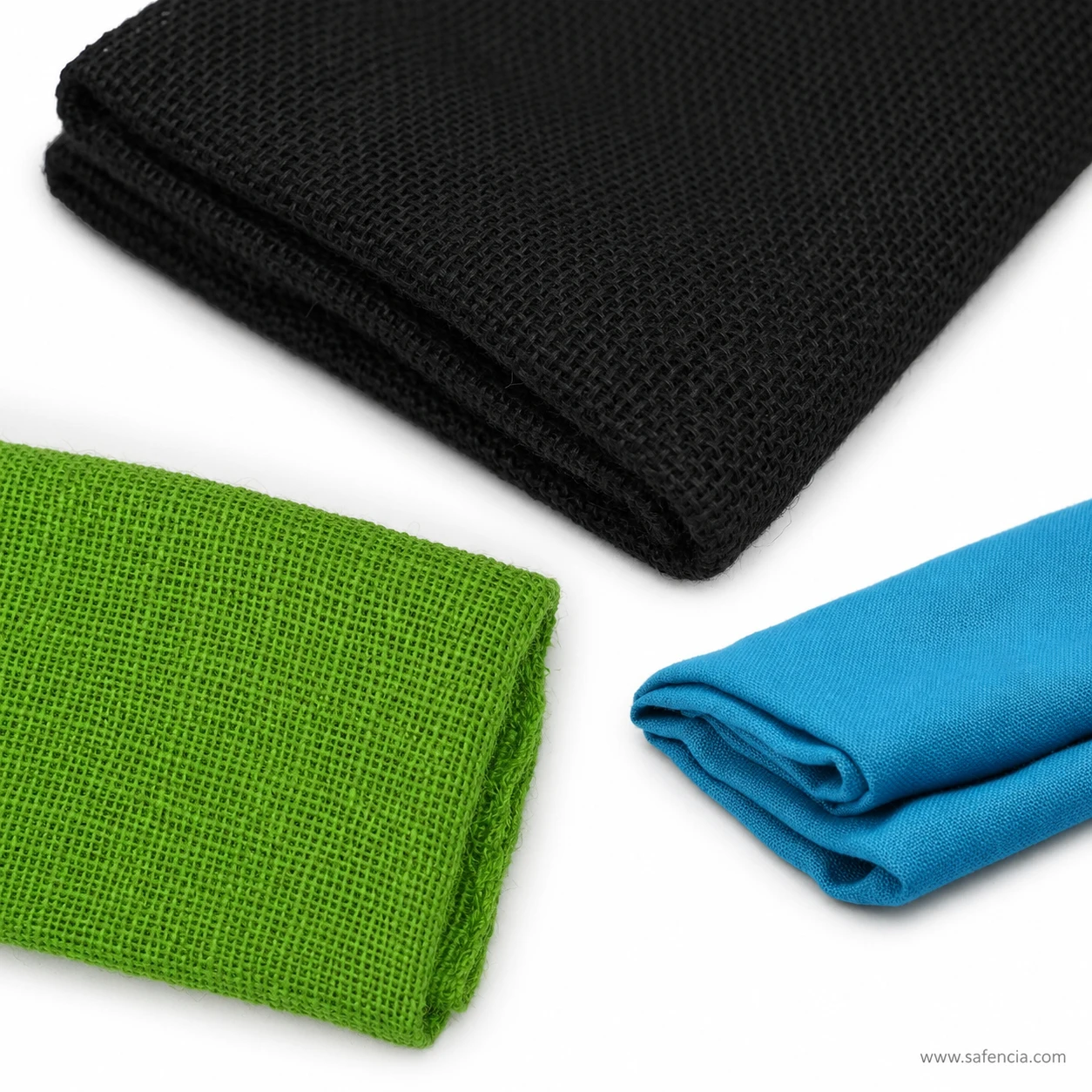 Close view of jute cloth colour weave texture in black, green and blue