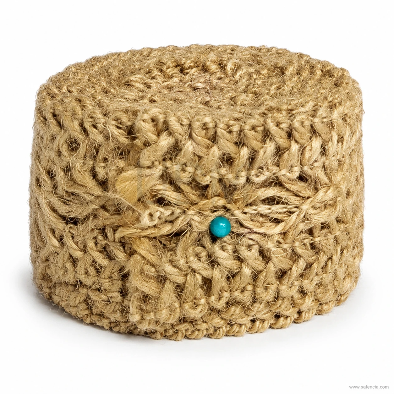 Close view of the jute lace trim showing the scalloped crocheted edge