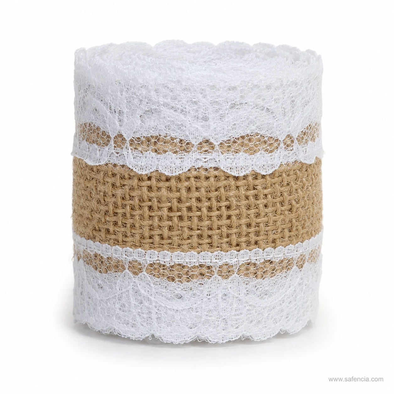 Burlap and lace ribbon showing the scalloped white lace border