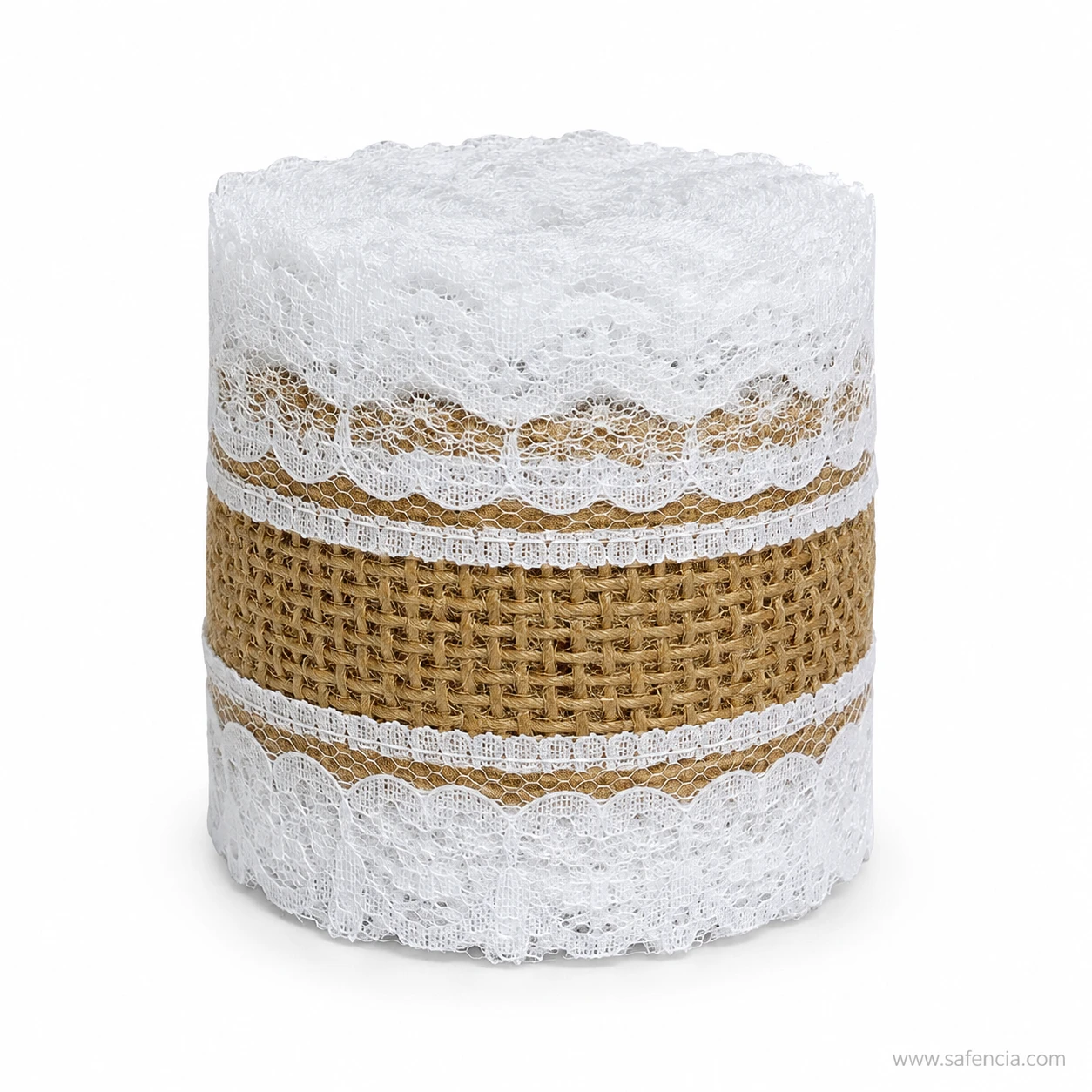 Close view of the hessian centre band between the two white lace edges