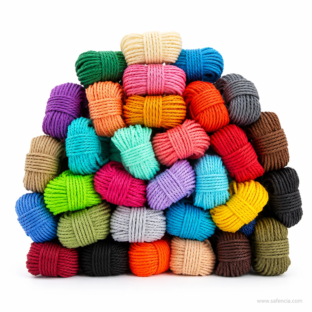Coloured jute cord hanks stacked in a heap showing the dyed fibre